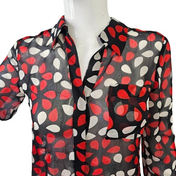 Diane Von Furstenberg 90s Sheer Silk Blouse Women 2 Red White on Black Long Slv - Picture 3 of 13